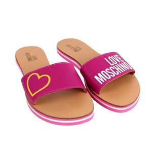 Love Moschino PURPLE FAUX LEATHER FLAT BEACH SHOES FLIP FLOPS SWIMWEAR Sz 37 EU